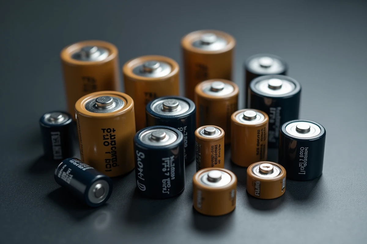 Collection de différents types de cellules de batteries cylindriques et pochettes sur une surface industrielle sombre pour comparaison technique
