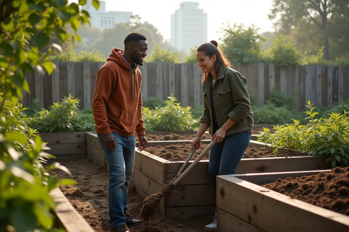 Deux personnes pratiquant le compostage dans un jardin urbain communautaire illustrant les principes de l'économie circulaire