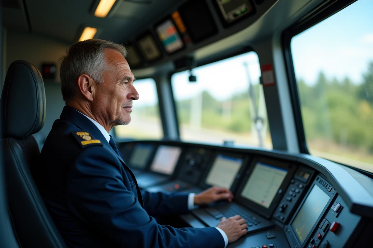 Conducteur de train à grande vitesse en uniforme dans la cabine de pilotage aux commandes d'un TGV européen moderne