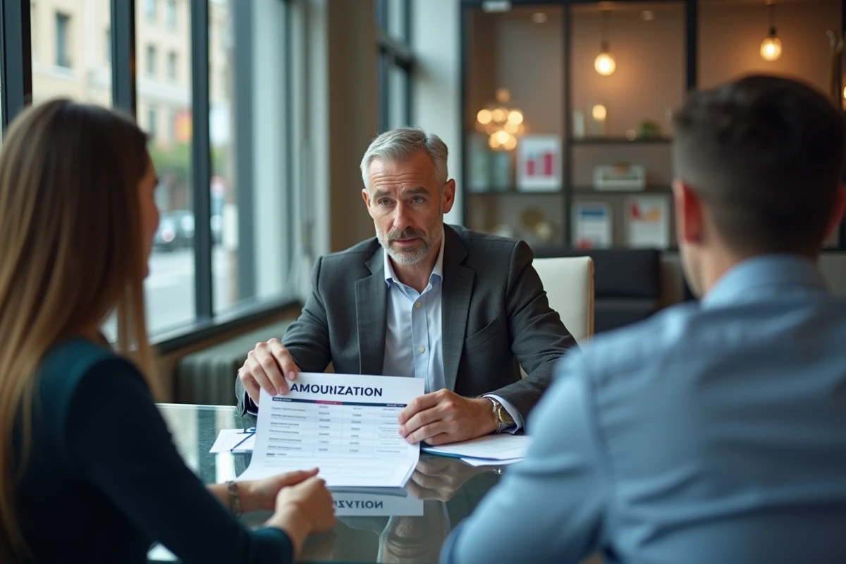 Conseiller immobilier expliquant un bon taux hypothécaire à des clients dans une agence moderne