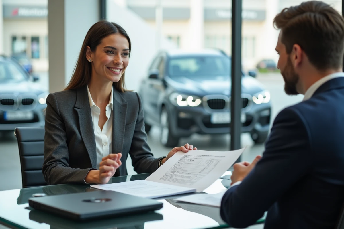 Conseillère commerciale BMW discutant d'une offre avec un client dans un bureau de concession moderne