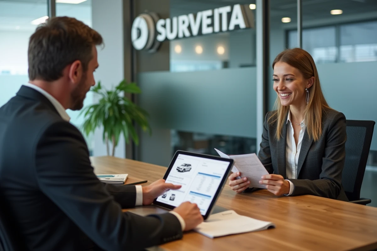 Conseillère commerciale automobile négociant les options de financement avec un client dans un bureau de concession