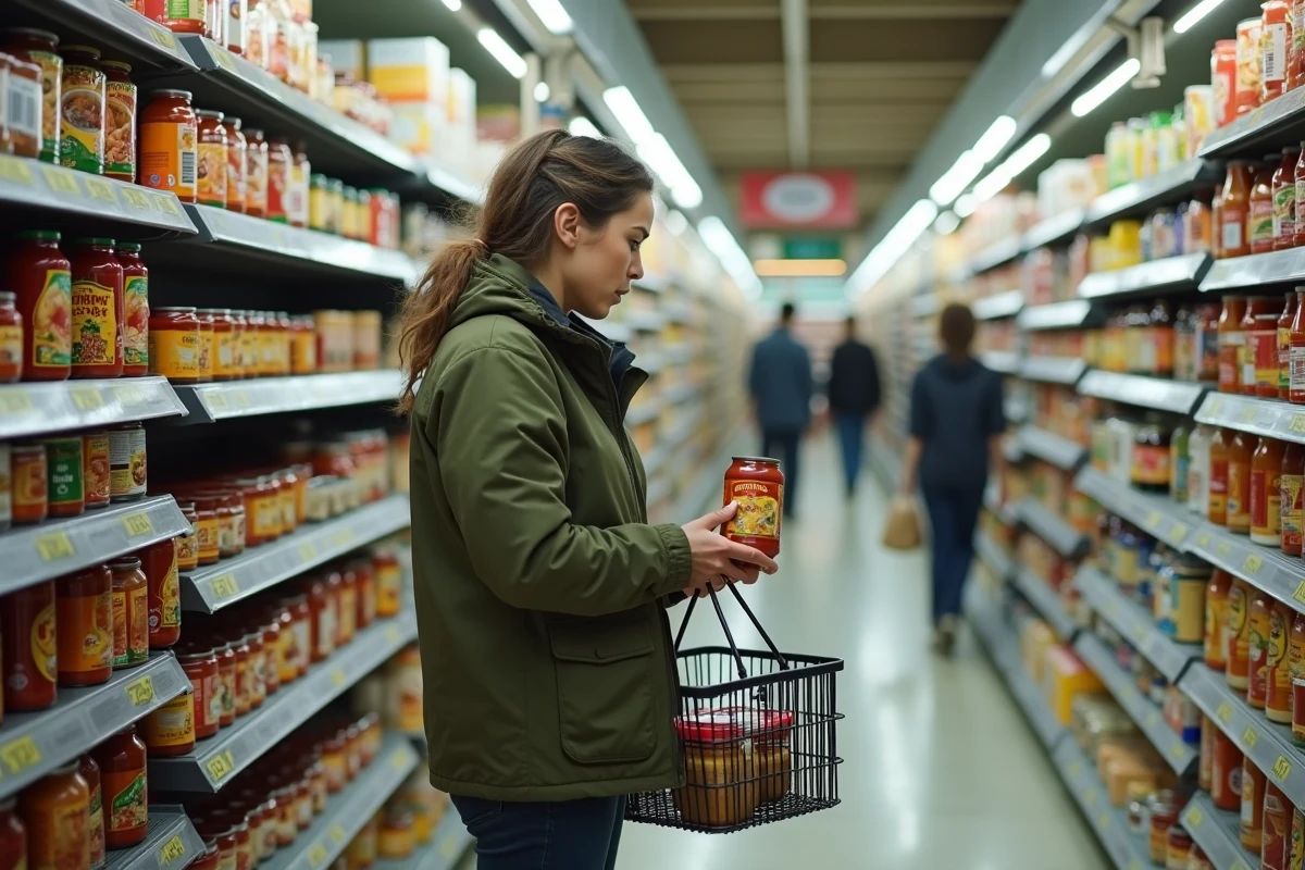 Femme comparant les prix de produits alimentaires dans un supermarché pendant une période de crise économique