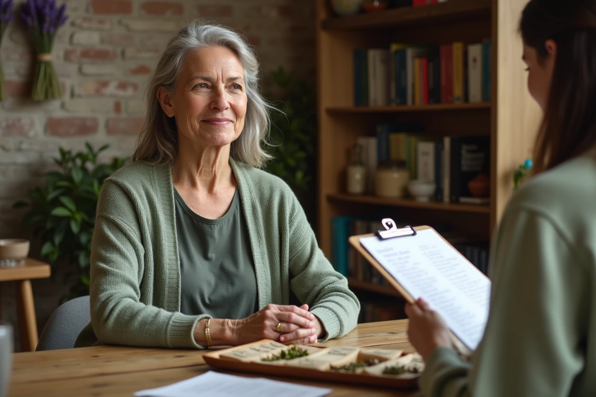 Consultation en naturopathie entre une patiente et un thérapeute holistique dans un cabinet avec plantes médicinales et tisanes