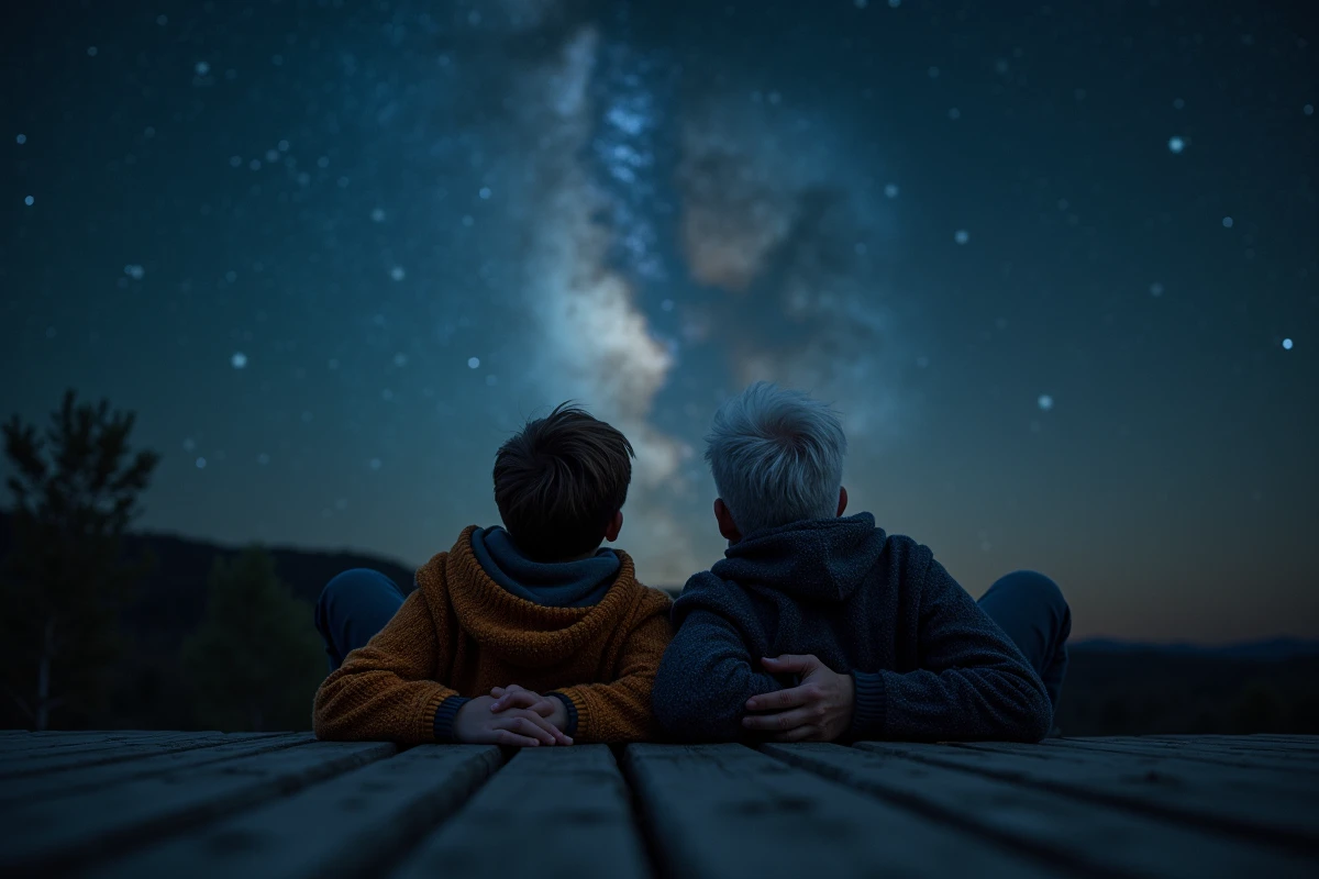 Grand-père et petit-fils allongés sur un observatoire regardant la Voie Lactée dans le ciel nocturne