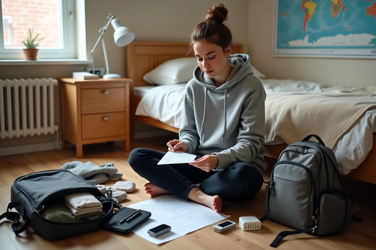 Jeune femme préparant ses bagages avec une checklist de voyage posée sur le sol de sa chambre