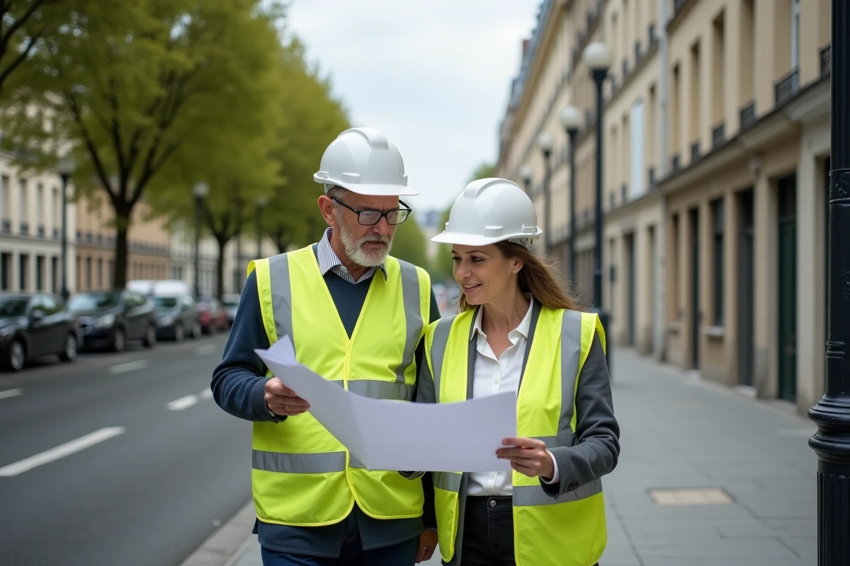 Deux agents de contrôle de l'urbanisme consultant des plans architecturaux devant un immeuble résidentiel en milieu urbain