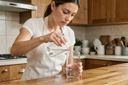 Femme mesurant 80 ml de liquide dans un verre doseur en cuisine, illustration de la conversion millilitres en litres