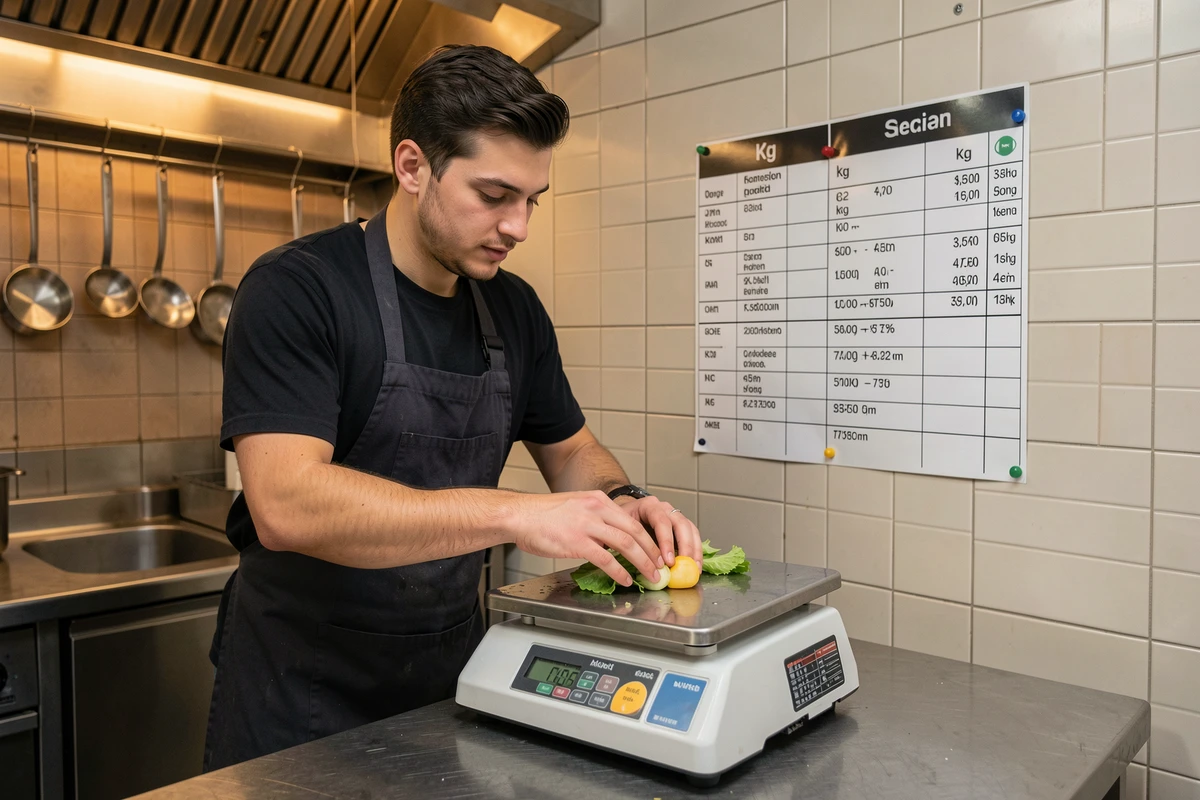Cuisinier professionnel utilisant une balance de cuisine et un tableau de conversion kilogrammes dans une cuisine commerciale