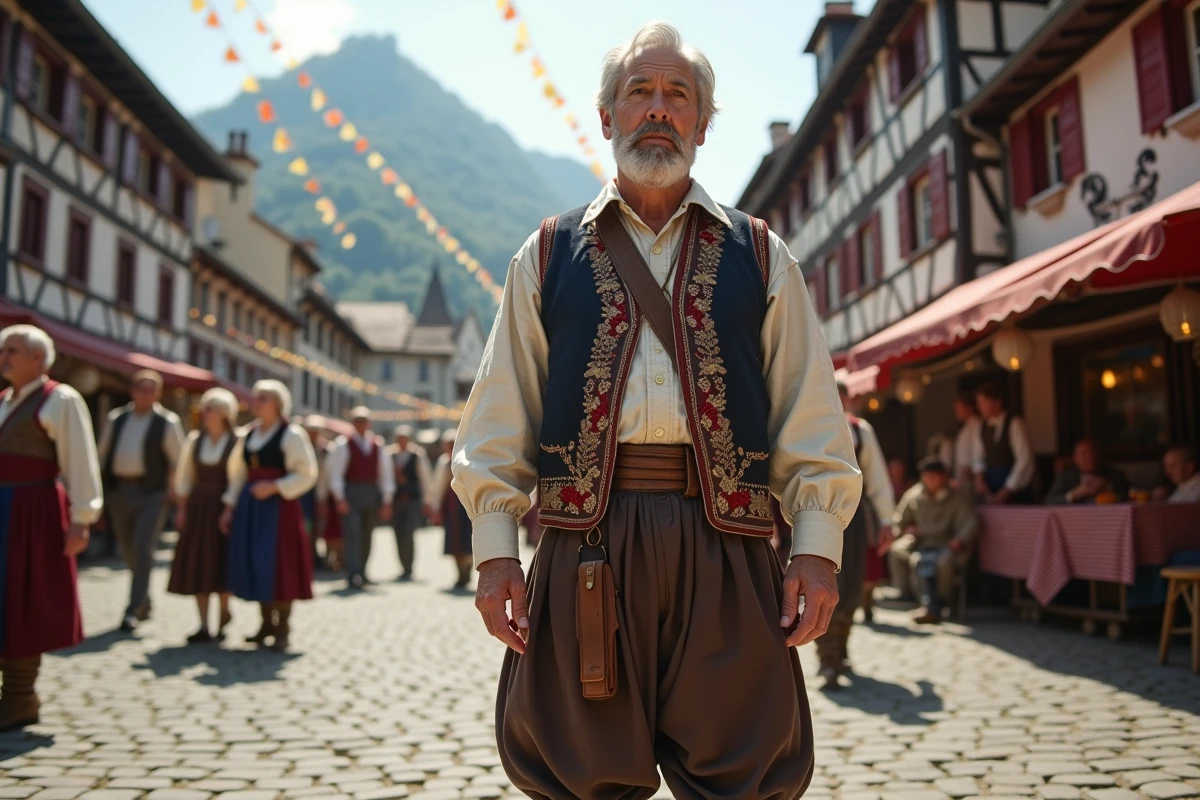Homme en costume traditionnel régional lors d'une fête folklorique dans un village avec des maisons à colombages