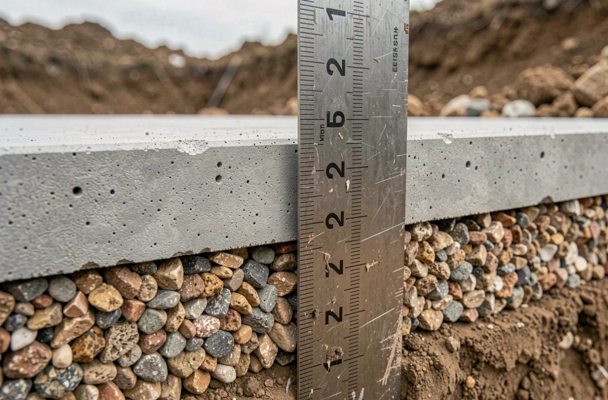 Coupe transversale d'une dalle béton sur chantier mesurant l'épaisseur avec un mètre ruban pour calculer le volume en m3