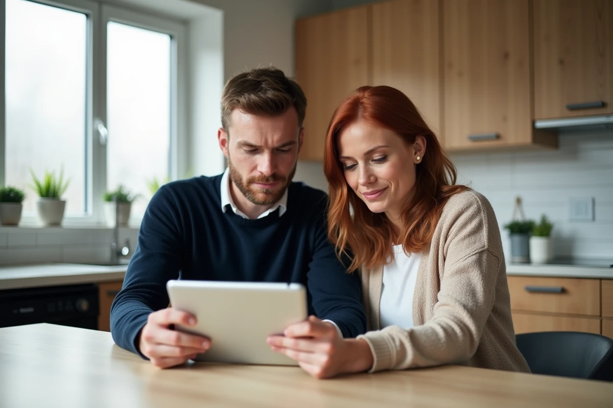 Couple comparant les taux hypothécaires sur une tablette dans une cuisine moderne