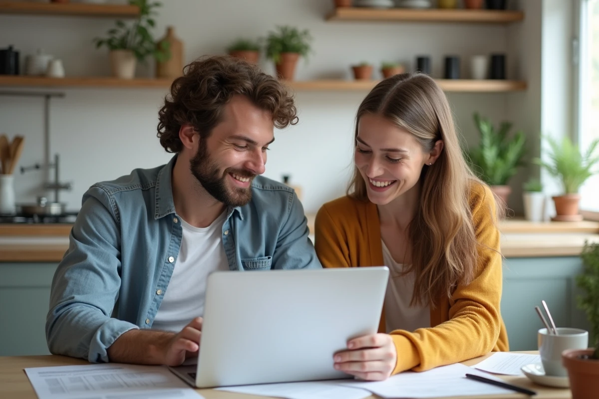 Un couple français examine ses finances et relevés bancaires à la maison