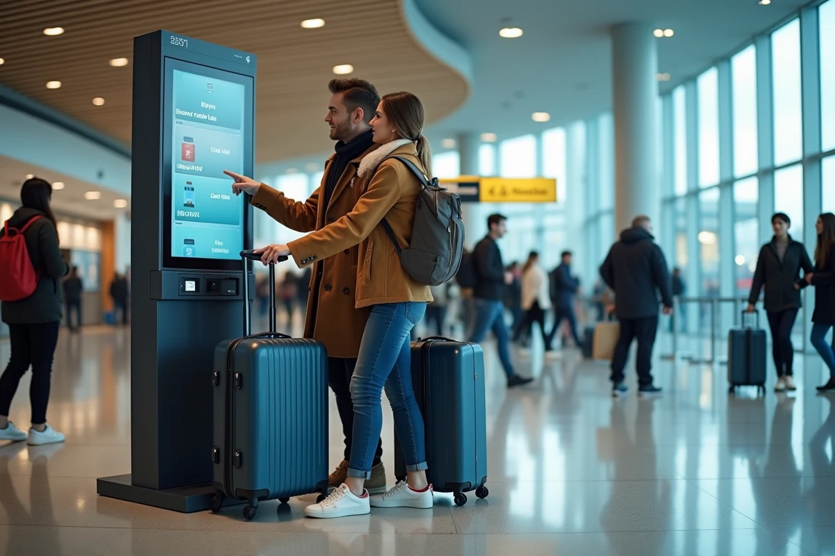 Couple utilisant un kiosque libre-service en aéroport pour payer un vol avec une solution de paiement en plusieurs fois
