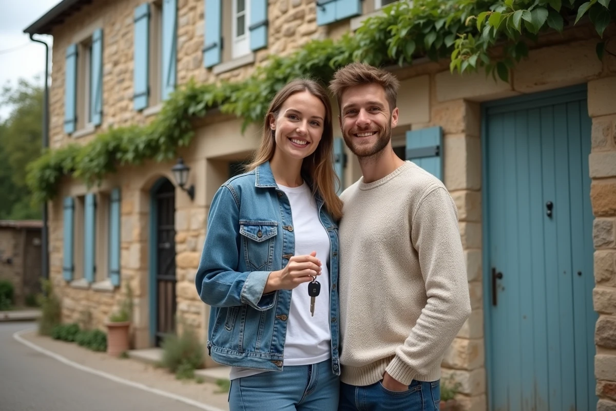 Jeune couple devant une maison de village abordable dans une région rurale française