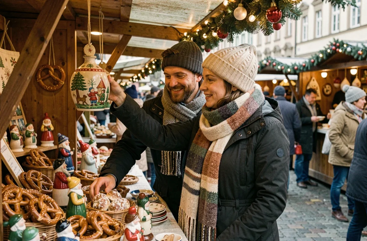 Couple découvrant les stands artisanaux du marché de Noël de Strasbourg lors d'une sortie en Alsace originale