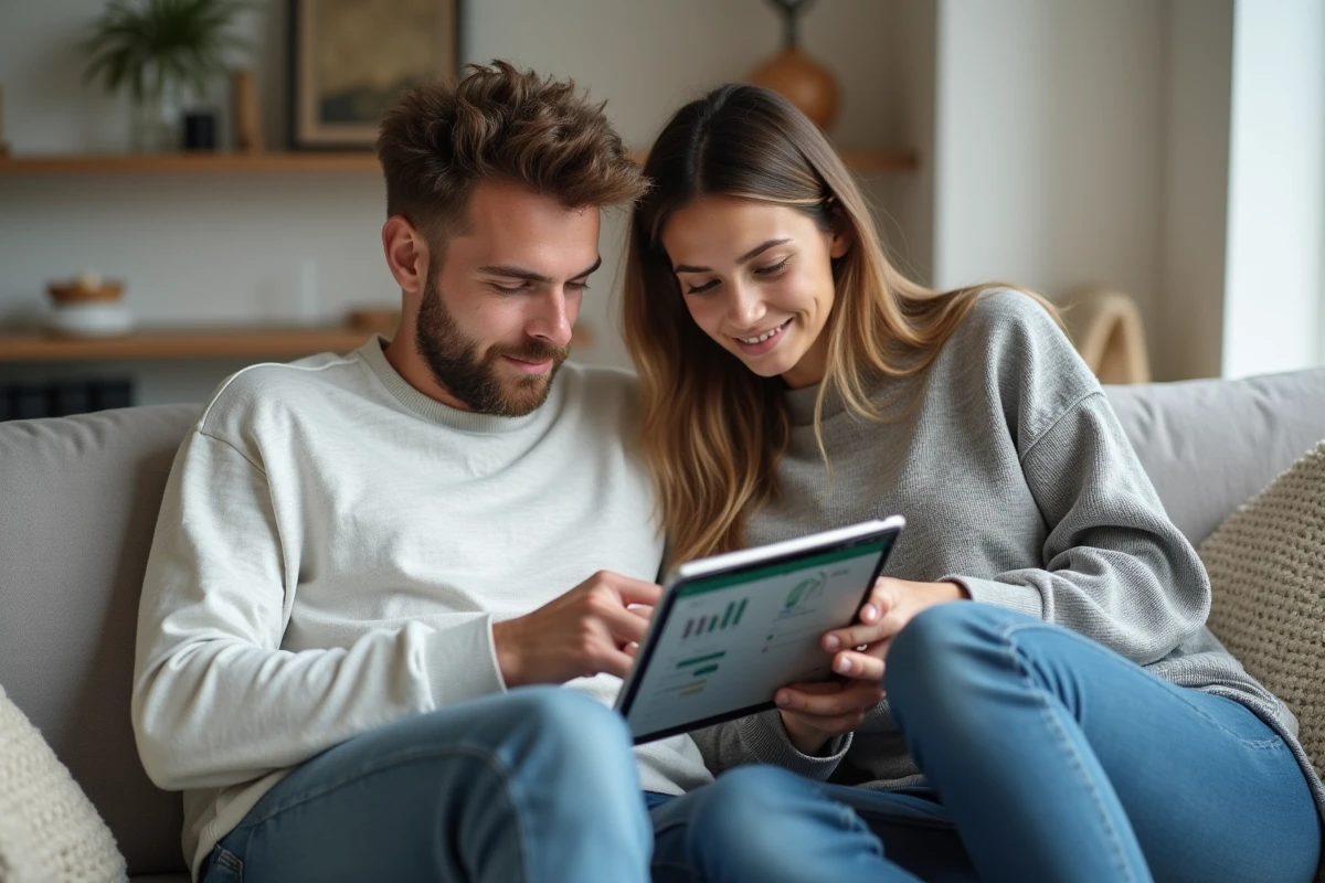 Jeune couple planifiant ensemble leur budget mensuel sur une tablette dans un salon moderne