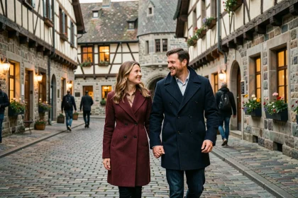Couple se promenant main dans la main dans un village alsacien typique avec colombages et pavés pour une soirée originale