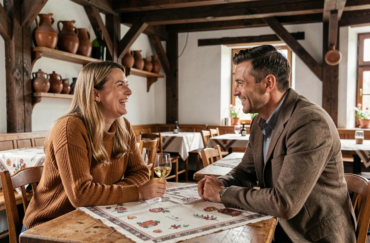 Couple partageant un verre de vin alsacien dans une winstub authentique pour une sortie en amoureux originale