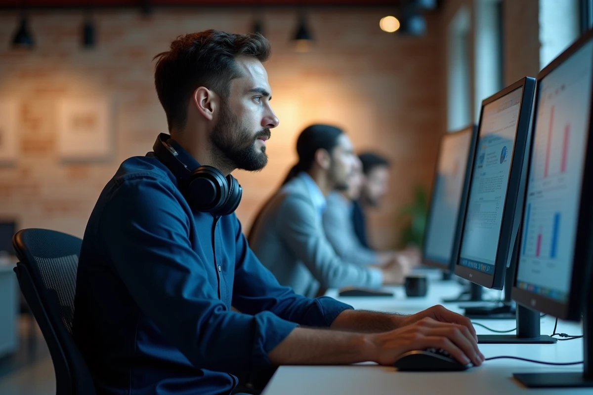 Professionnel en télétravail appliquant des pratiques de cybersécurité sur un poste de travail en espace de coworking