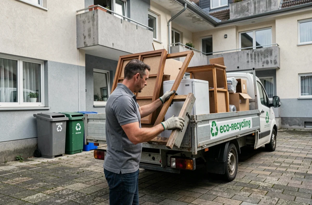 Agent Debeco Annecy chargeant des meubles et appareils recyclables sur un camion plateau dans la cour d'un immeuble résidentiel