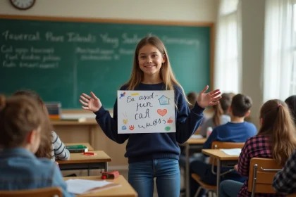 Jeune déléguée de classe présentant ses idées devant ses camarades dans une salle de cours