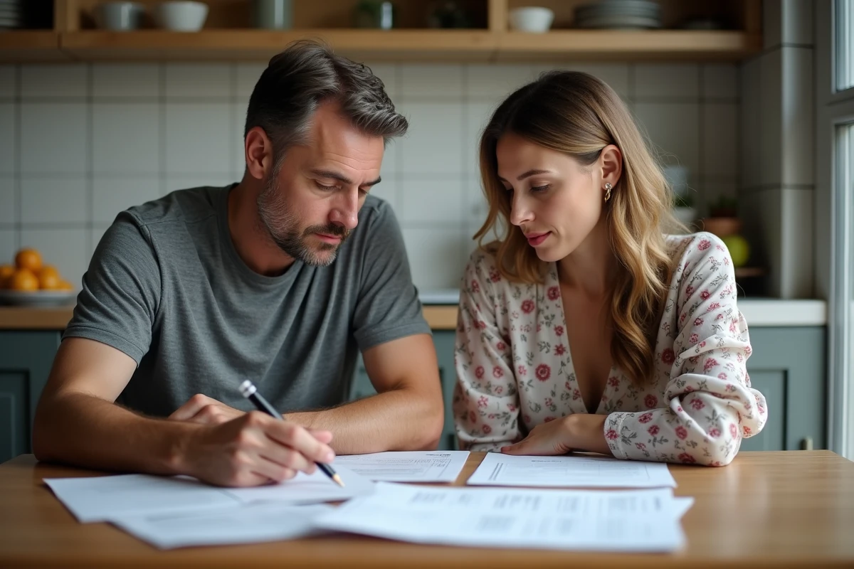 Couple adulte examinant des documents administratifs à une table de cuisine, démarches d'adoption en famille recomposée