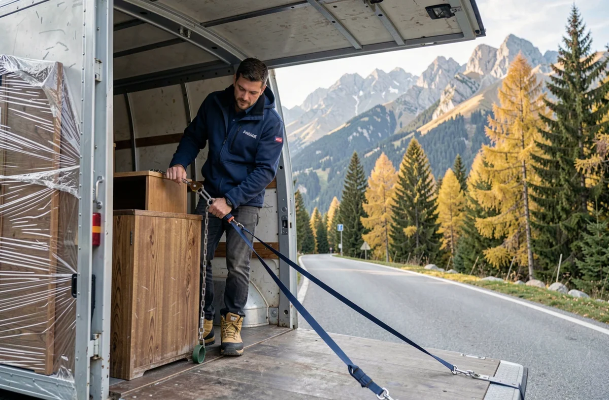 Déménageur Demelux arrimant des meubles dans un camion ouvert sur une route de montagne en Haute-Savoie