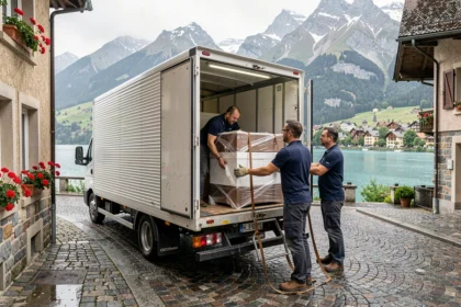 Équipe de déménageurs professionnels chargeant des meubles emballés dans un camion blanc devant un immeuble à Annecy avec le lac et les Alpes en arrière-plan