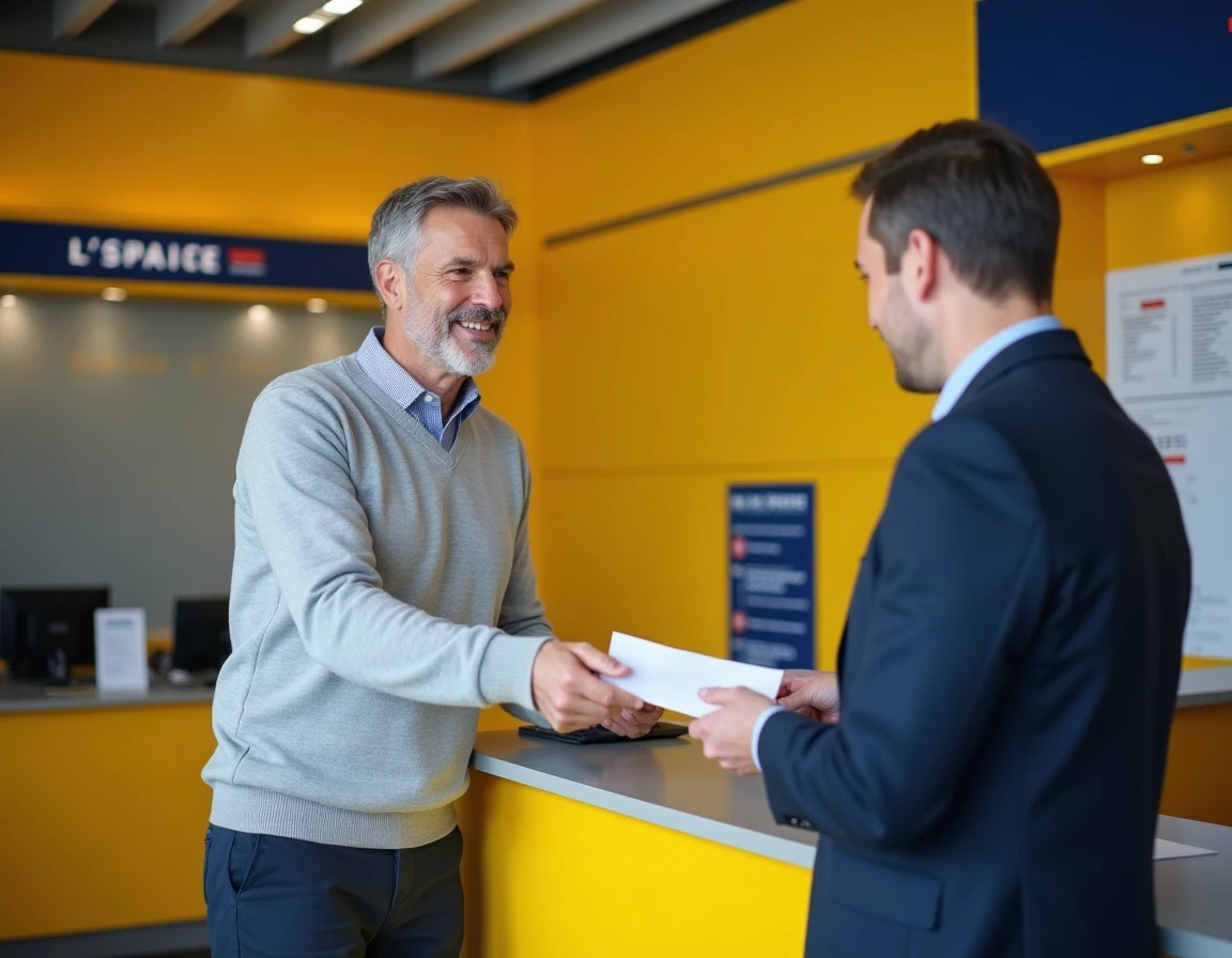 Homme déposant une lettre recommandée au guichet d'un bureau de poste