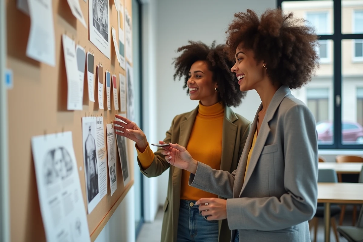 Deux designers de mode collaborant autour d'un moodboard dans un studio créatif moderne