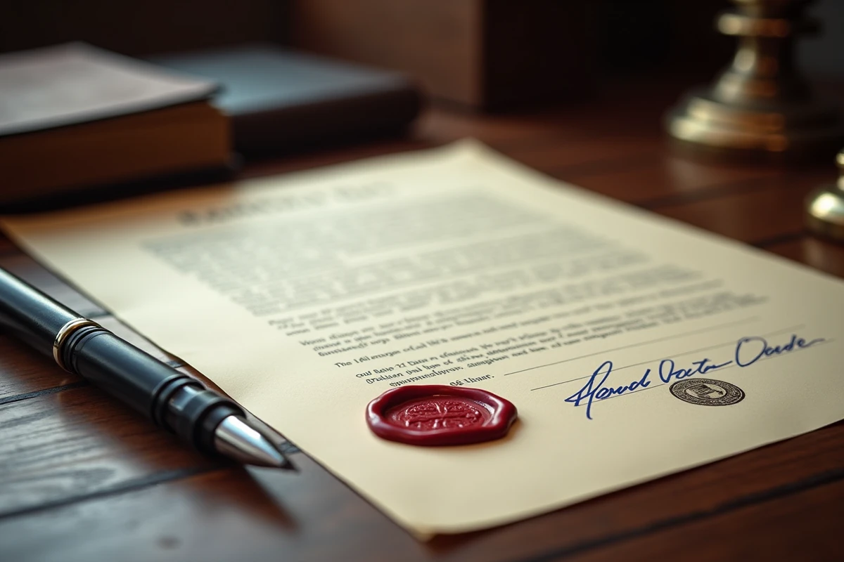Gros plan sur un acte de notoriété avec sceau de cire rouge, signature manuscrite et cachet officiel d'un notaire