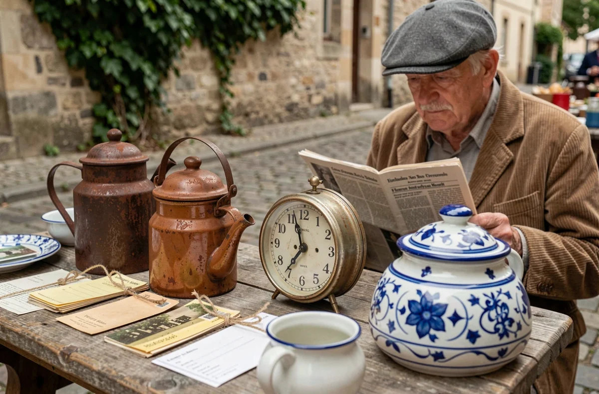 Détail d'une table de vide-greniers en Bourgogne avec objets anciens et brocante traditionnelle dans l'Yonne