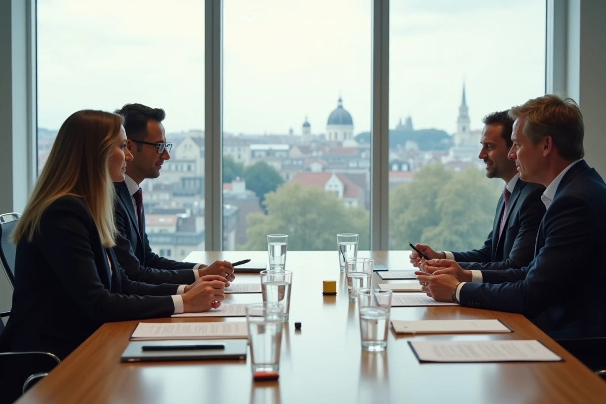 Acheteur et vendeur immobilier avec chacun leur propre notaire autour d'une table de signature dans un cabinet moderne