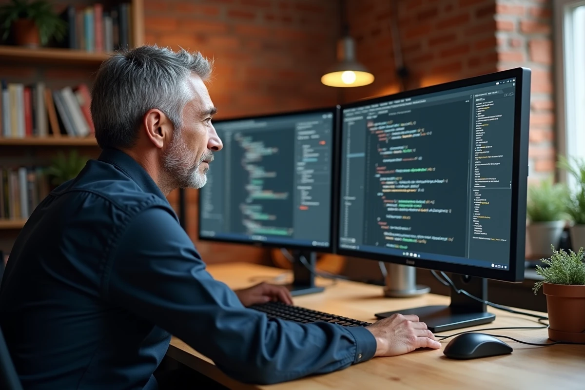 Développeur analysant des wireframes d'interface utilisateur sur deux écrans dans un bureau à domicile