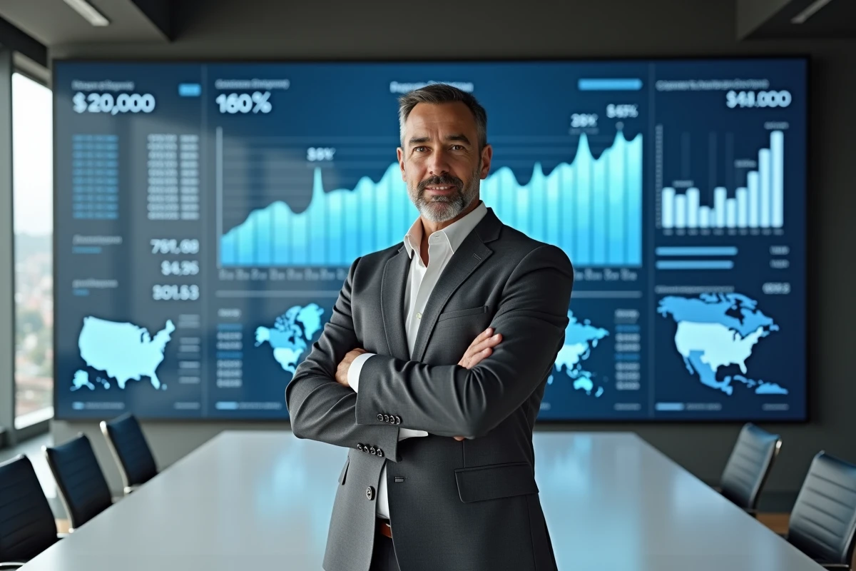 Dirigeant fintech américain devant un tableau de statistiques sur l'écosystème financier numérique aux États-Unis