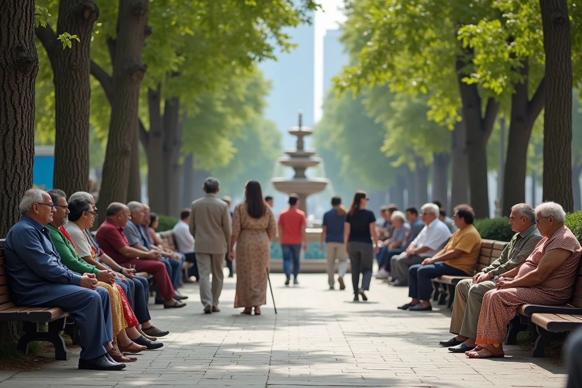 Scène de parc urbain multiculturel avec des personnes de différentes origines culturelles, tenues et générations se côtoyant