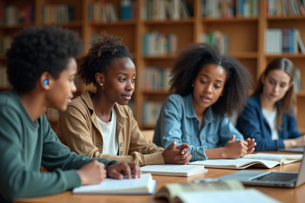 Portrait d'étudiants de différentes origines et capacités étudiant ensemble à la bibliothèque universitaire, illustrant la diversité inclusive