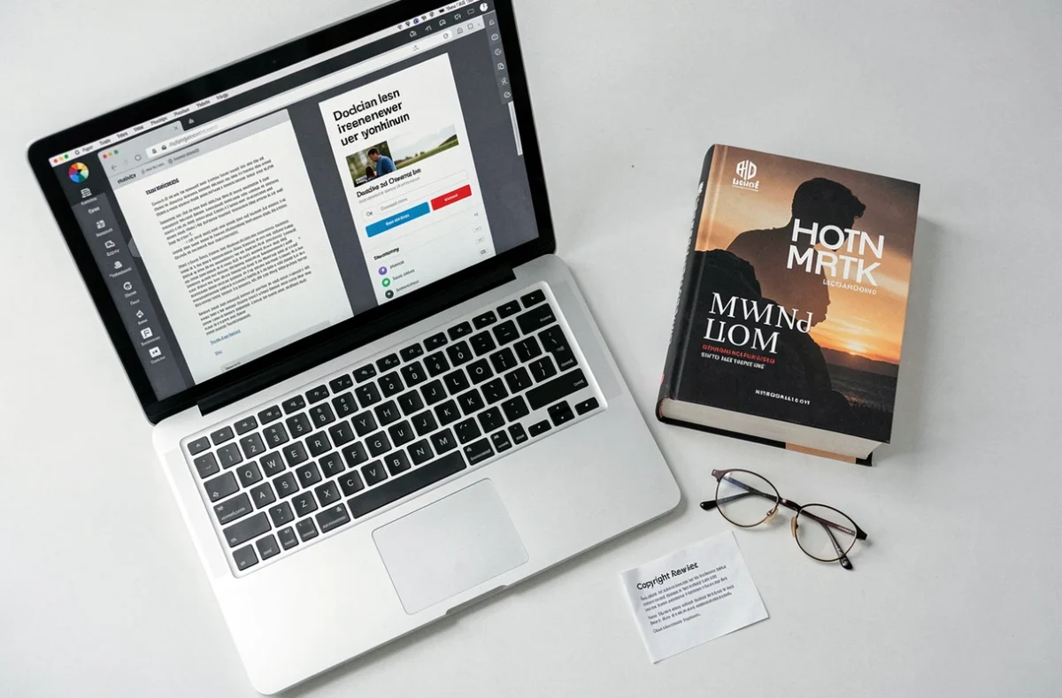Vue en plongée d'un bureau avec un ordinateur affichant un site d'ebooks gratuits et un document légal sur le droit d'auteur, illustrant le débat sur la légalité des téléchargements