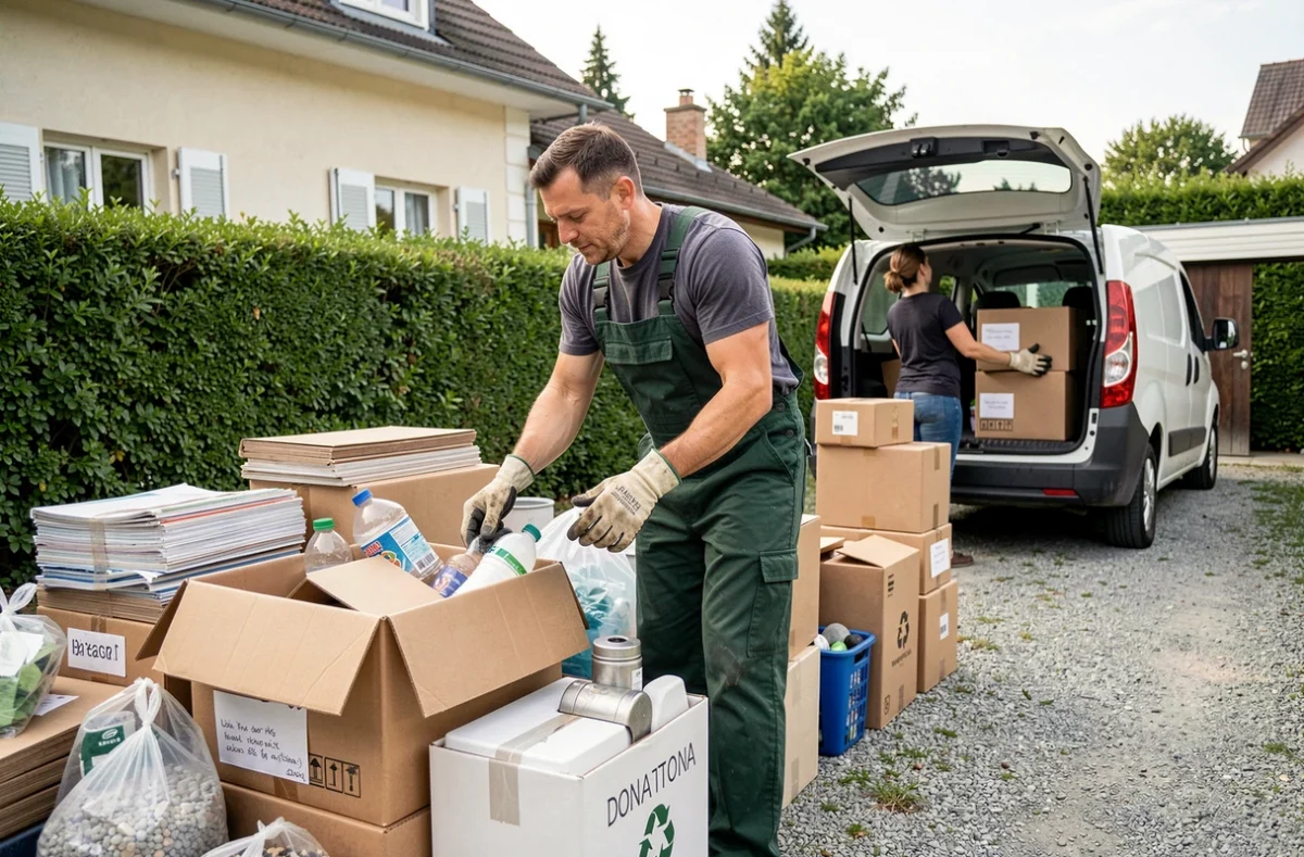 Ouvrier Eco Clean Débarras triant des affaires ménagères en piles de déménagement et de débarras devant une maison à Annecy