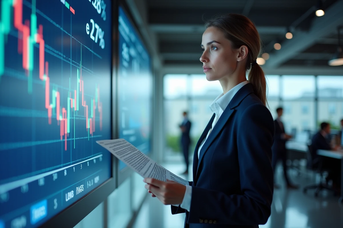 Une économiste analyse des graphiques de dévaluation monétaire sur un grand écran dans un bureau financier moderne, symbolisant la dépréciation de la monnaie