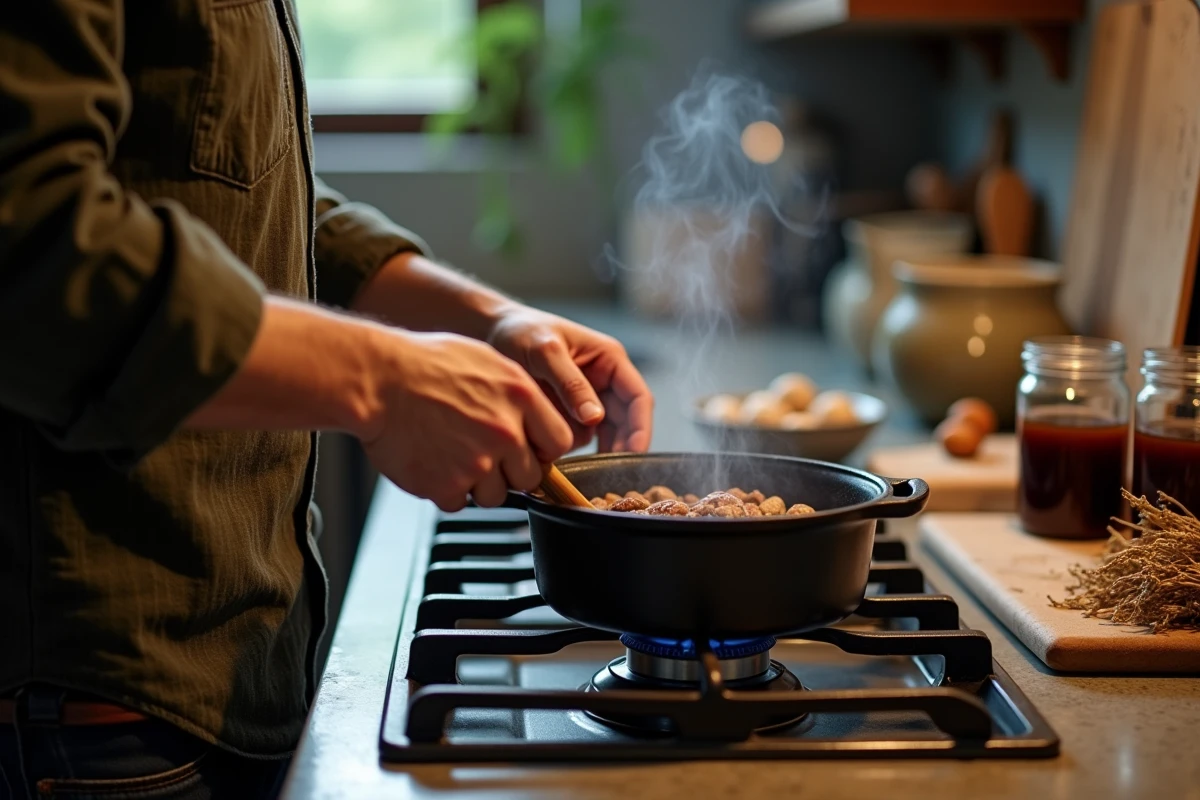 Homme faisant bouillir des coques de noix pour préparer une encre naturelle brune dans une cuisine rustique