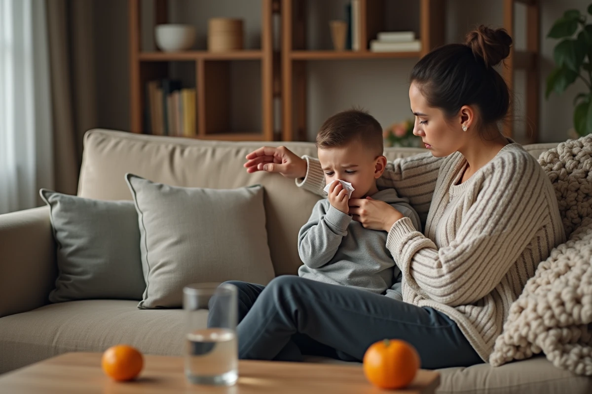 Jeune garçon malade sur un canapé avec sa mère inquiète, symbolisant la vulnérabilité du système immunitaire de l'enfant