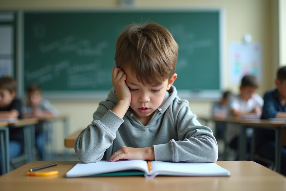 Jeune garçon anxieux assis à un bureau scolaire, illustrant la vulnérabilité des enfants face au stress académique