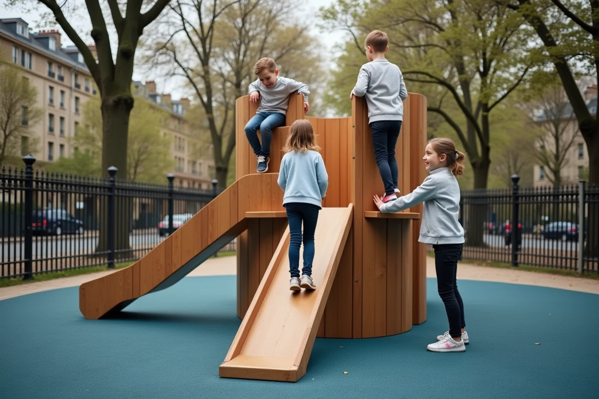 Groupe d'enfants jouant sur une aire de jeux moderne dans un parc urbain de Paris