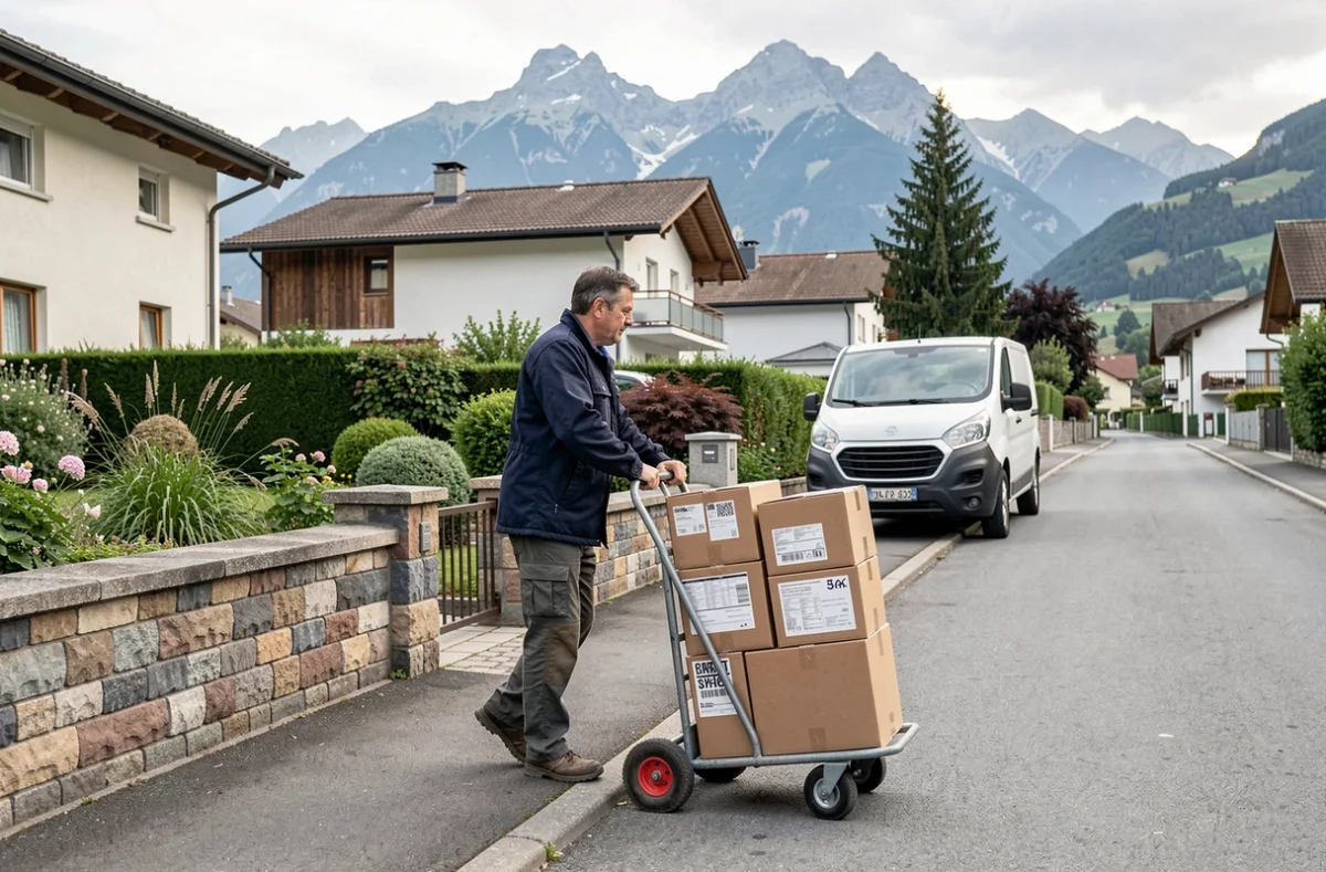 Déménageur ENM poussant un diable chargé de cartons sur un trottoir résidentiel à Pringy près d'Annecy