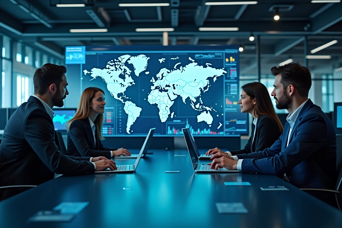Équipe de professionnels de la finance analysant des données bancaires mondiales sur un écran interactif