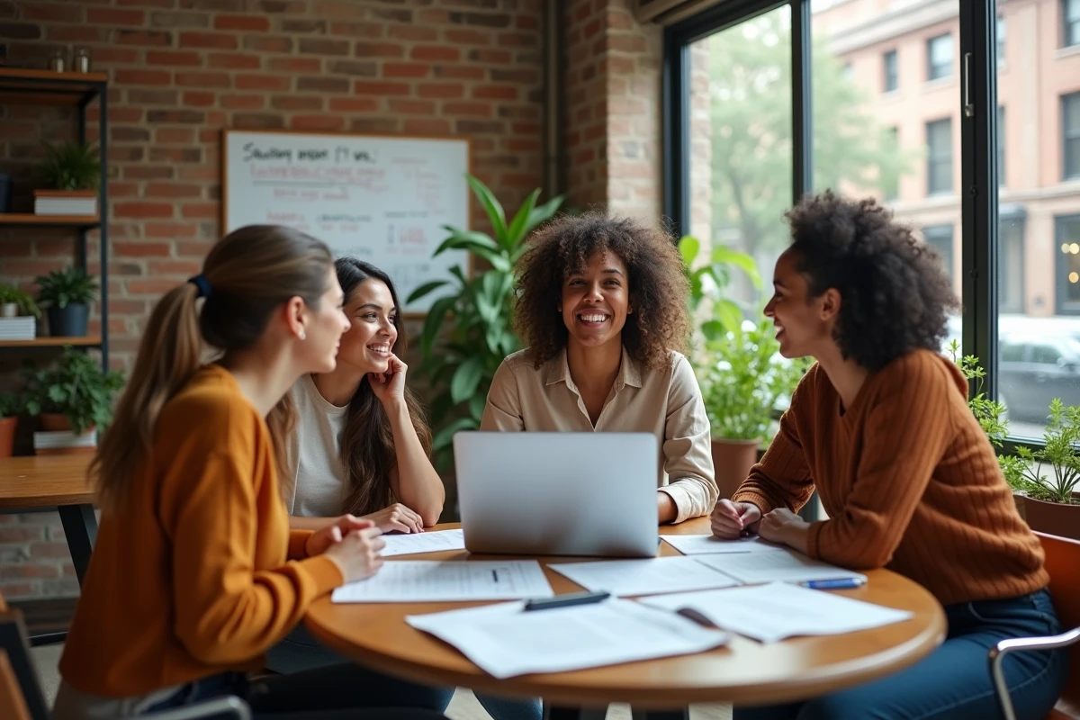 Équipe de jeunes entrepreneurs travaillant sur un projet fintech dans un espace de coworking à Austin aux États-Unis