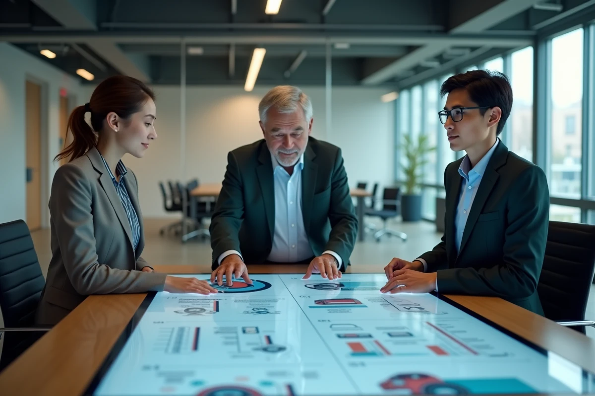 Équipe de professionnels analysant les tendances futures de l'industrie automobile sur un écran interactif en salle de réunion