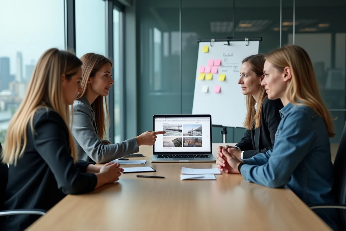 Une équipe discute des qualités essentielles d'un bon site web autour d'un ordinateur portable en agence